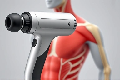 Close-up of massage gun heads and muscle application